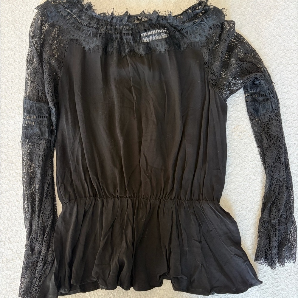 Kittenish Black Lace-Sleeve Peplum Top
